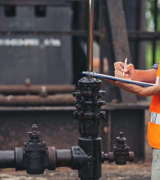 Workers standing and checking beside working oil pumps.